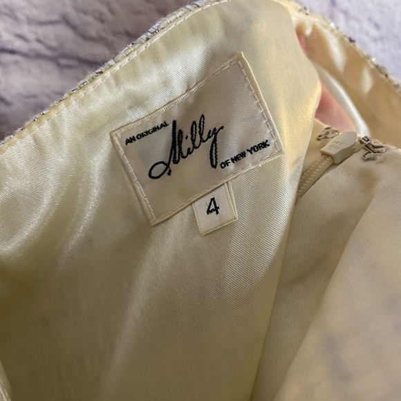 Milly New York Tweed Fit Flare Sheath Holiday Dress Cream/Gold Sleeveless Size 4 - Picture 8 of 11